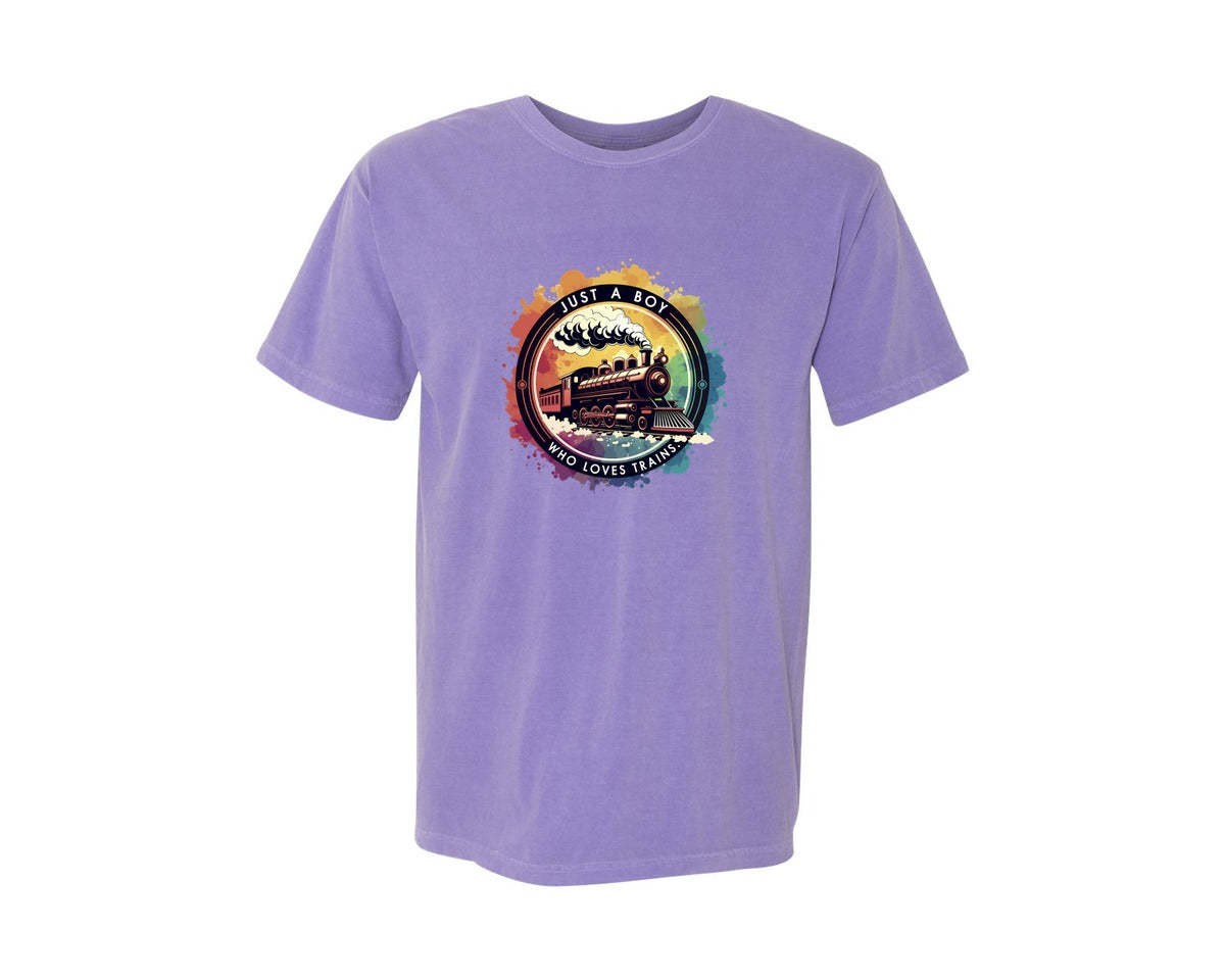 brand:Comfort Colors|color:Violet|Just A Boy Who Loves Trains Graphic T-Shirt