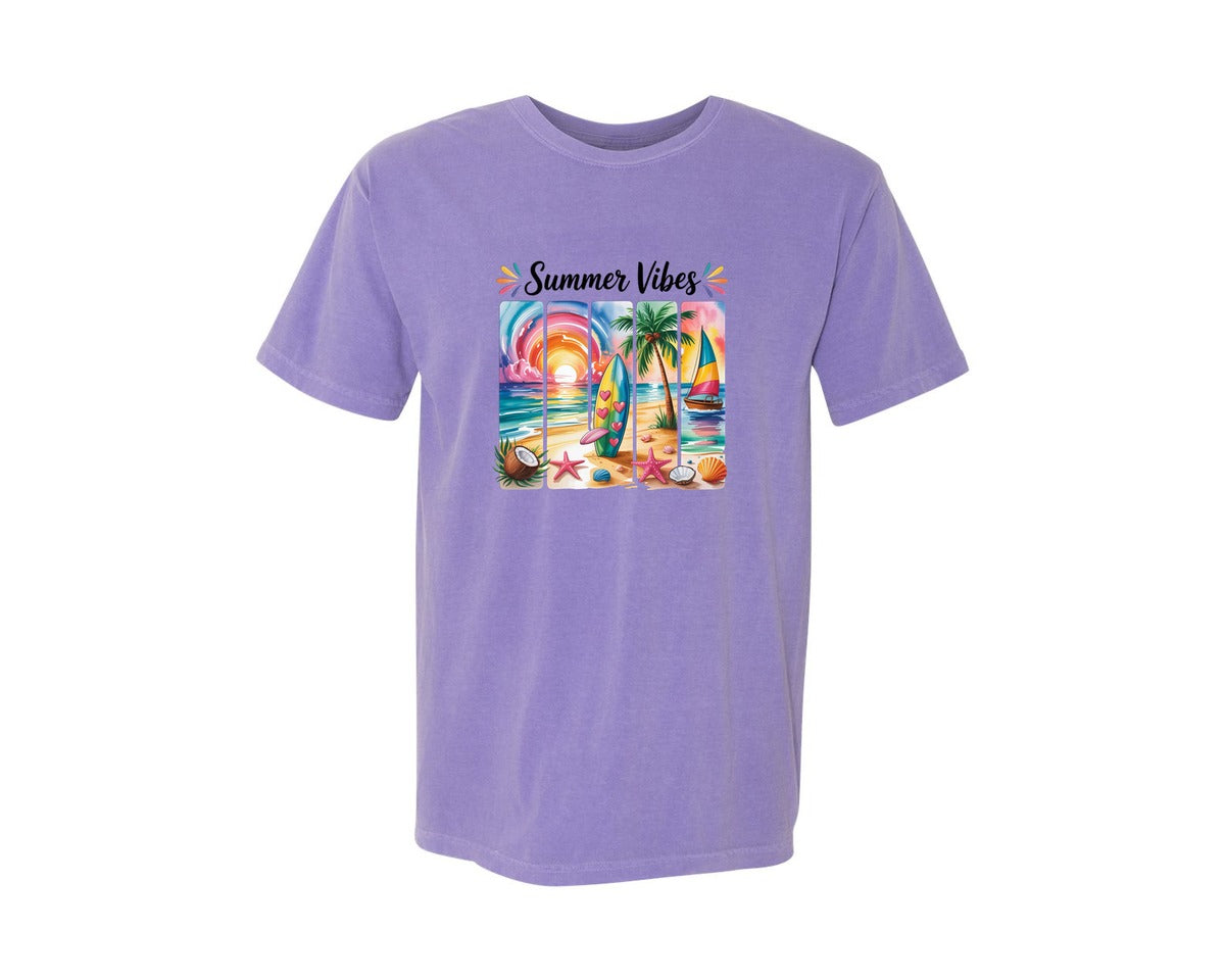 brand:Comfort Colors|color:Violet|Summer Vibes Beach Collage 3 Graphic T-Shirt