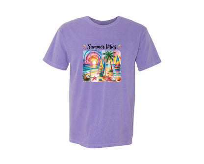 brand:Comfort Colors|color:Violet|Summer Vibes Beach Collage 3 Graphic T-Shirt