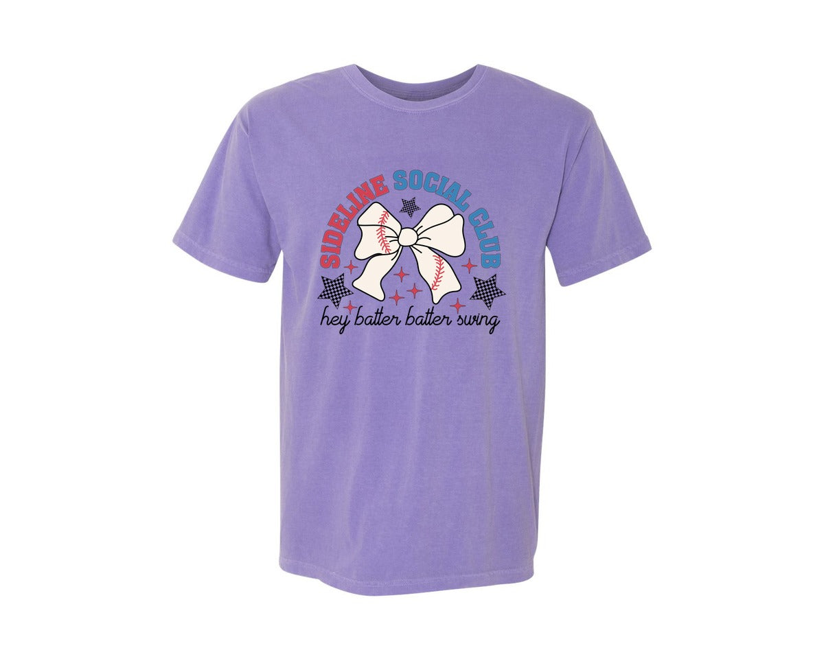 brand:Comfort Colors|color:Violet|Sideline Social Club Hey Batter Batter Graphic T-Shirt