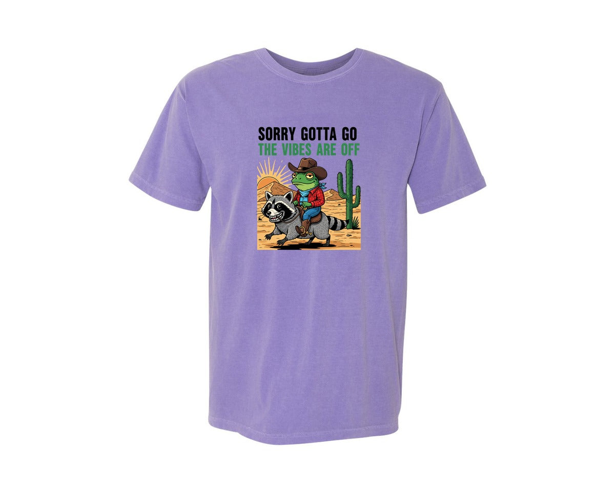 brand:Comfort Colors|color:Violet|Sorry Gotta Go Cowboy Frog Raccoon Graphic T-Shirt