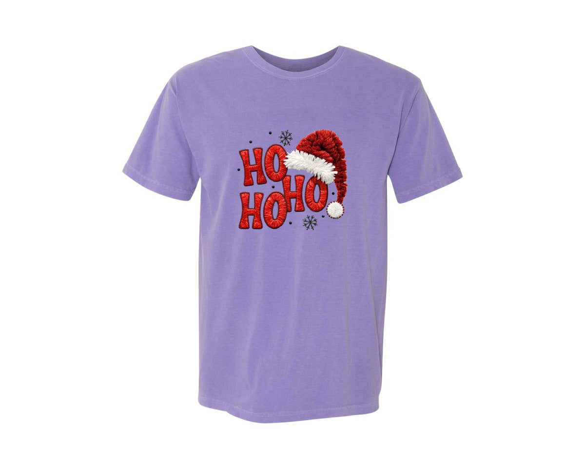 brand:Comfort Colors|color:Violet|Ho Ho Ho Faux Yarn Santa Hat 4 Graphic T-Shirt