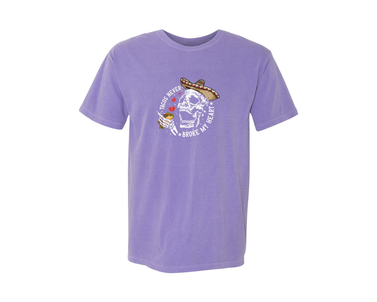 brand:Comfort Colors|color:Violet|Tacos Never Broke My Heart Skeleton Graphic T-Shirt