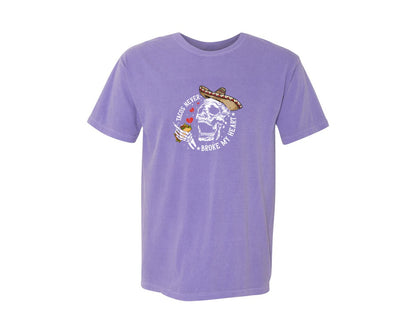 brand:Comfort Colors|color:Violet|Tacos Never Broke My Heart Skeleton Graphic T-Shirt
