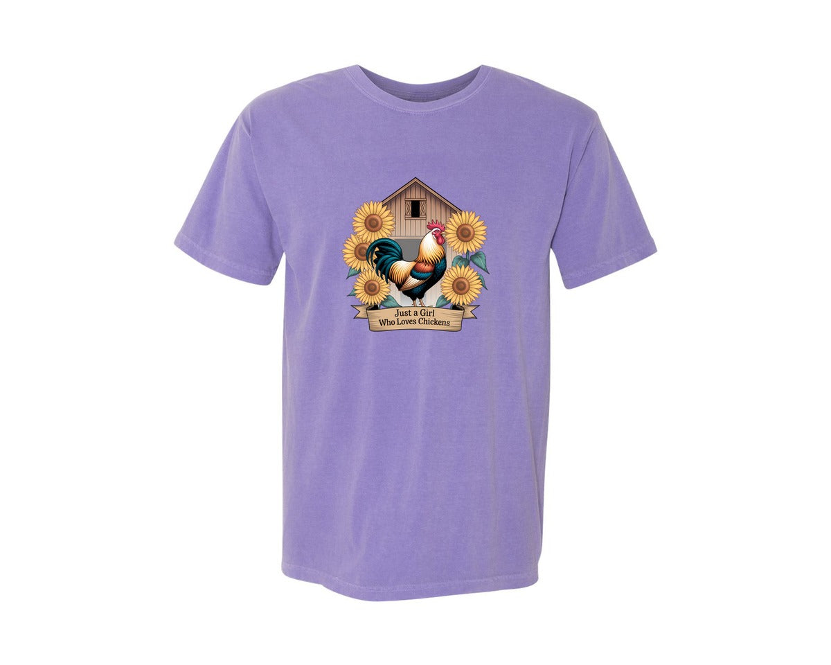 brand:Comfort Colors|color:Violet|Just A Girl Who Loves Chickens 8 Graphic T-Shirt