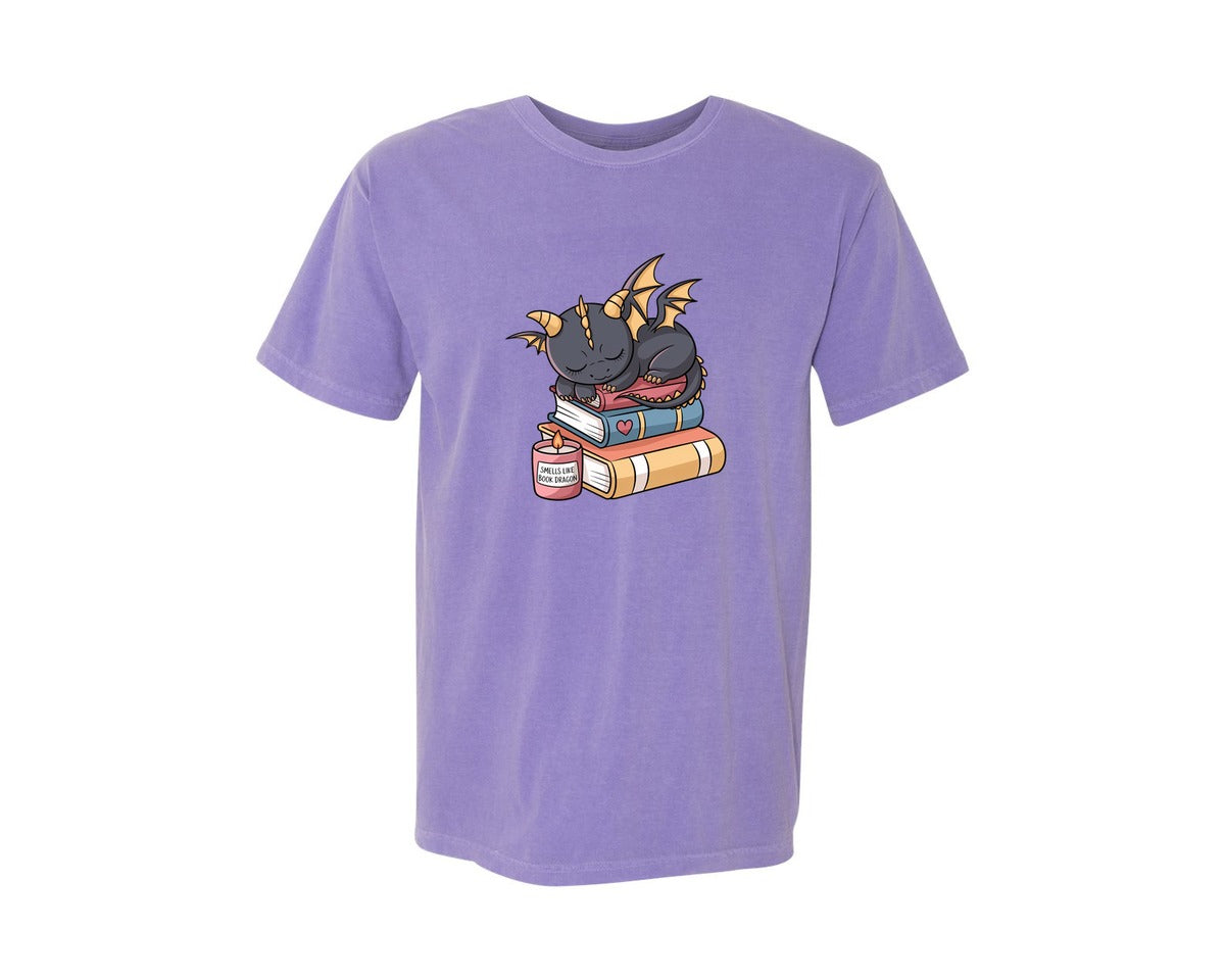 brand:Comfort Colors|color:Violet|Smells Like Book Dragon Cute Fantasy 3 Graphic T-Shirt