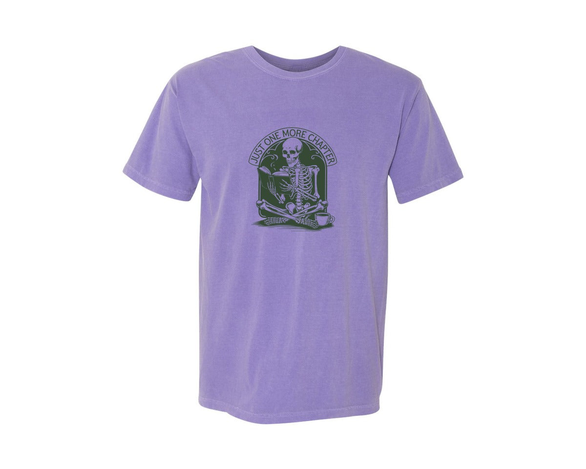 brand:Comfort Colors|color:Violet|Just One More Chapter Skeleton Coffee 2 Graphic T-Shirt