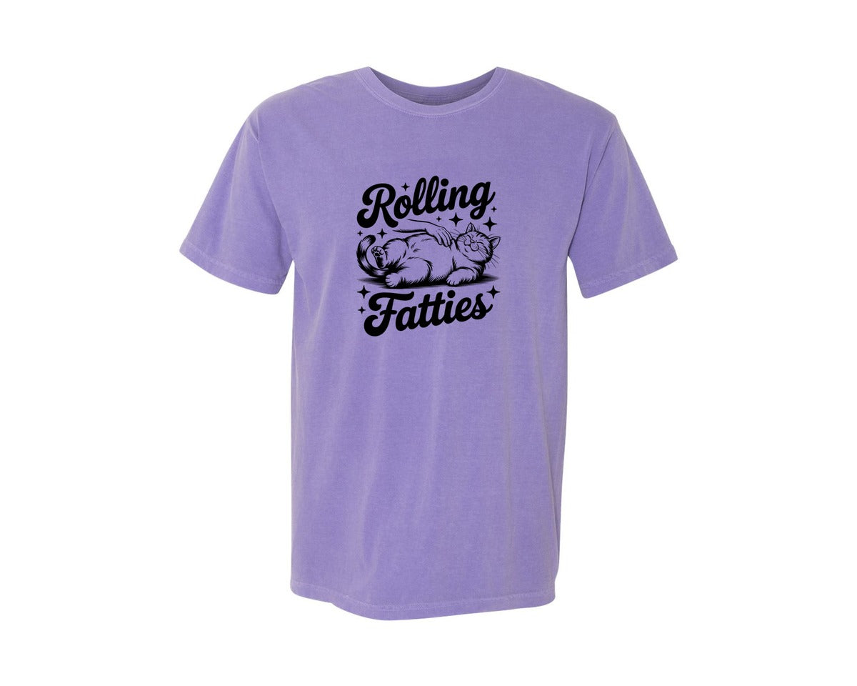 brand:Comfort Colors|color:Violet|Rolling Fatties Cat Funny Smoking Graphic T-Shirt