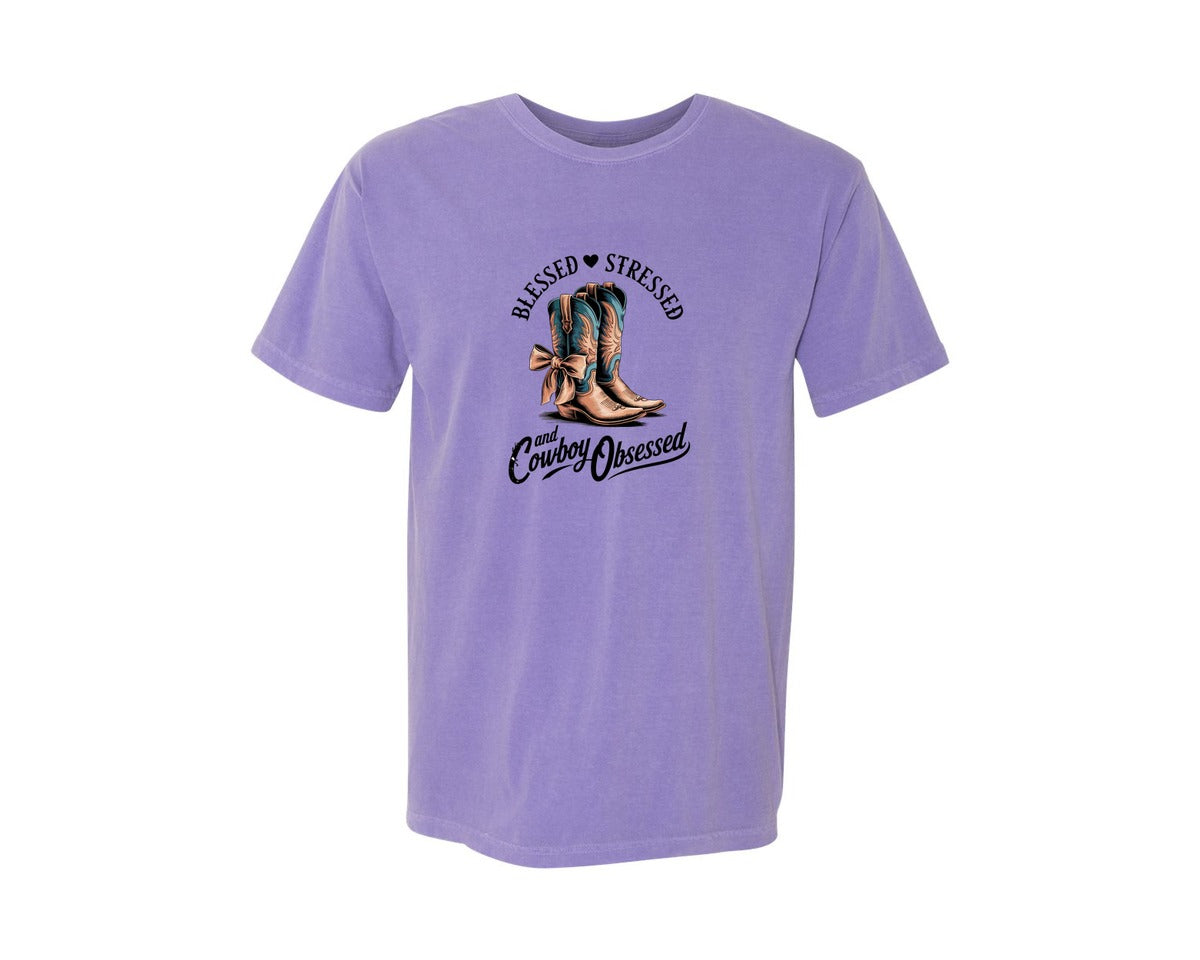brand:Comfort Colors|color:Violet|Blessed Stressed Mom Western Mothers Day 3 Graphic T-Shirt
