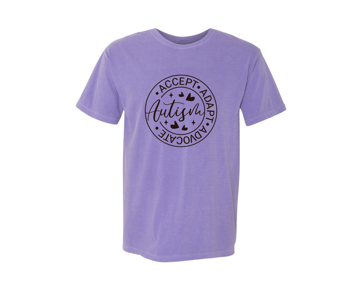 brand:Comfort Colors|color:Violet|Autism Accept Adapt Advocate Shirt Graphic T-Shirt