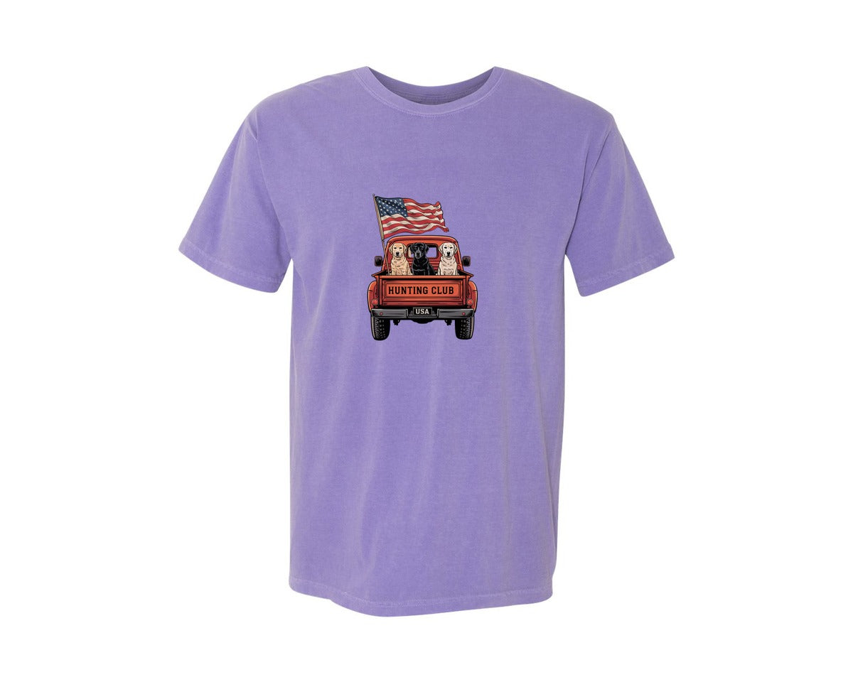 brand:Comfort Colors|color:Violet|4Th Of July Dogs Truck Patriotic Graphic T-Shirt