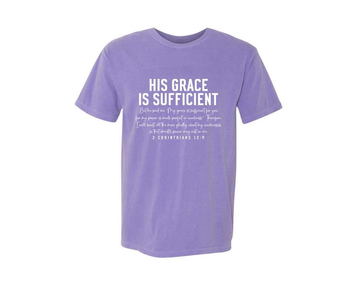 brand:Comfort Colors|color:Violet|His Grace Is Sufficient 2 Corinthian Graphic T-Shirt
