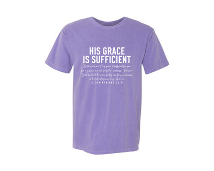 brand:Comfort Colors|color:Violet|His Grace Is Sufficient 2 Corinthian Graphic T-Shirt