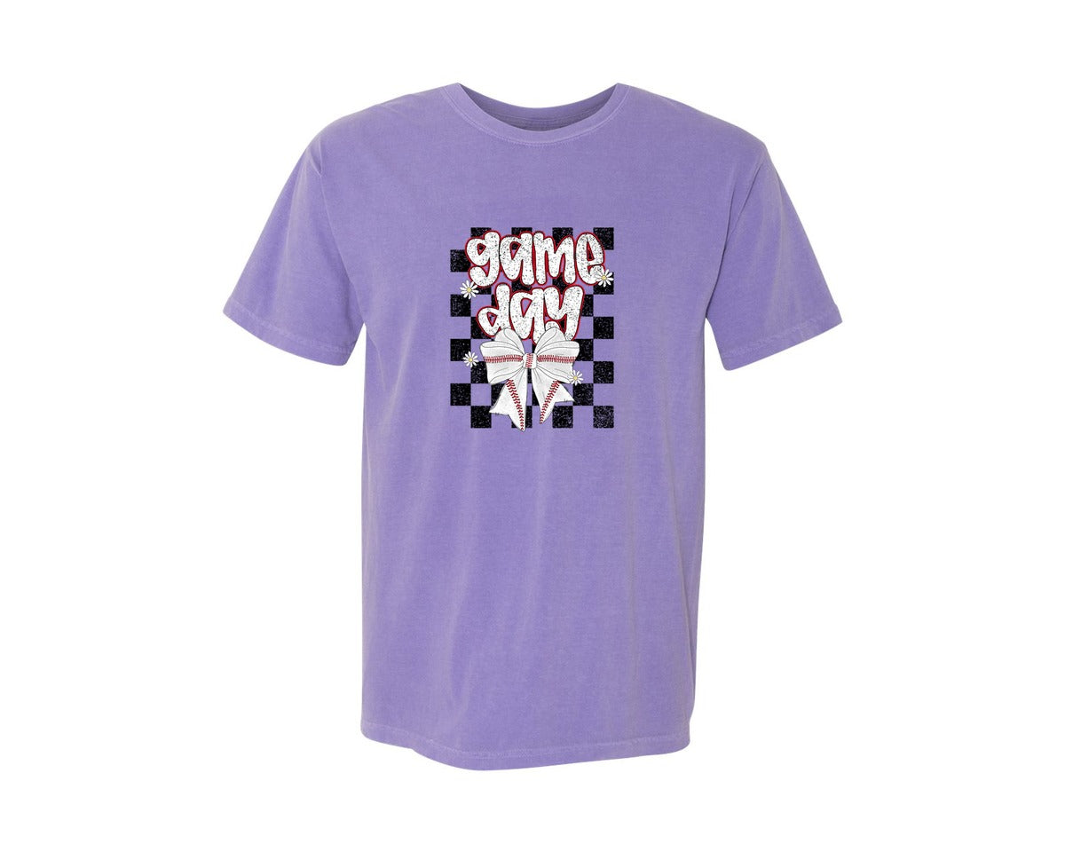 brand:Comfort Colors|color:Violet|Checkered Baseball Game Day Graphic T-Shirt