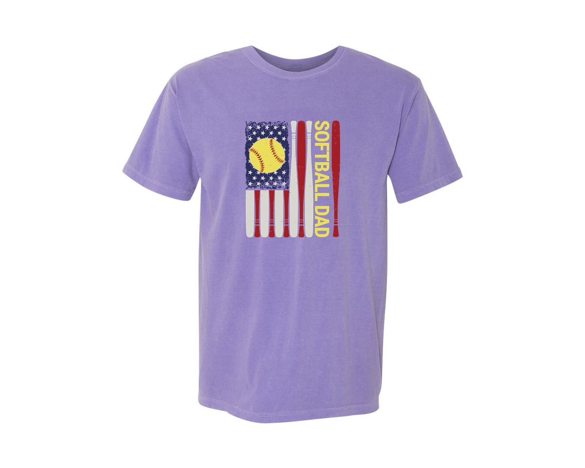 brand:Comfort Colors|color:Violet|Softball Dad American Flag Graphic T-Shirt