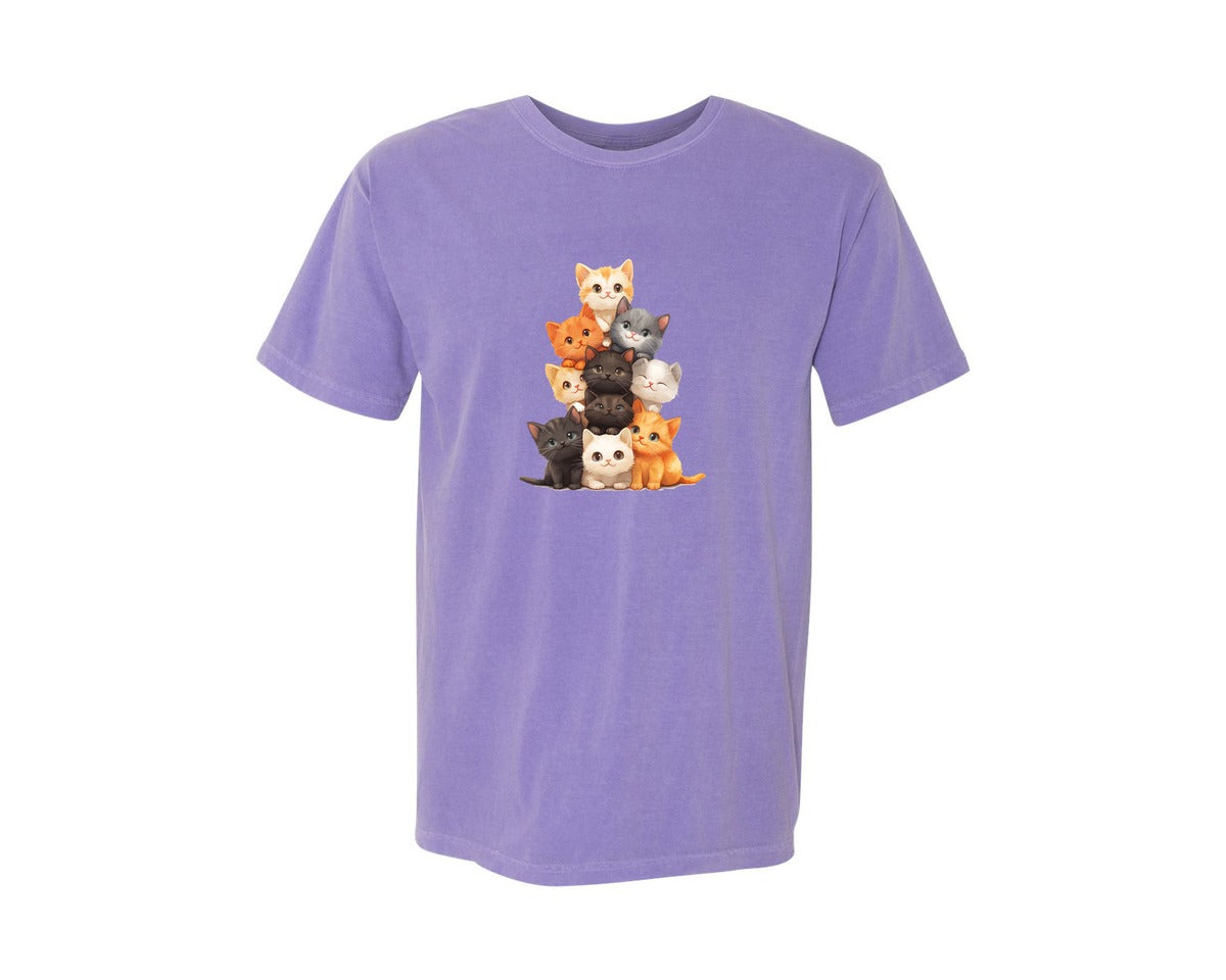 brand:Comfort Colors|color:Violet|Stack Of Cute Kitten Cats Cartoon Graphic T-Shirt