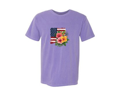 brand:Comfort Colors|color:Violet|Floral American Flag 4Th Of July Graphic T-Shirt