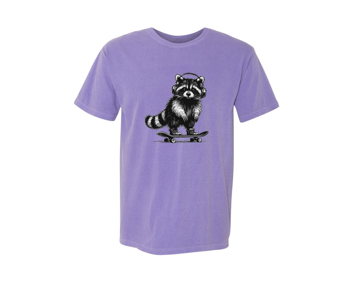 brand:Comfort Colors|color:Violet|Raccoon Playing Skateboard Shirt Graphic T-Shirt