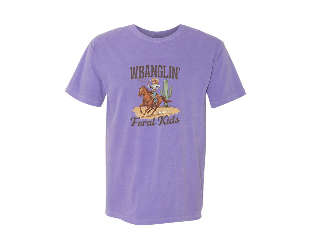 brand:Comfort Colors|color:Violet|Wranglin Feral Kids Western Mothers Day 3 Graphic T-Shirt