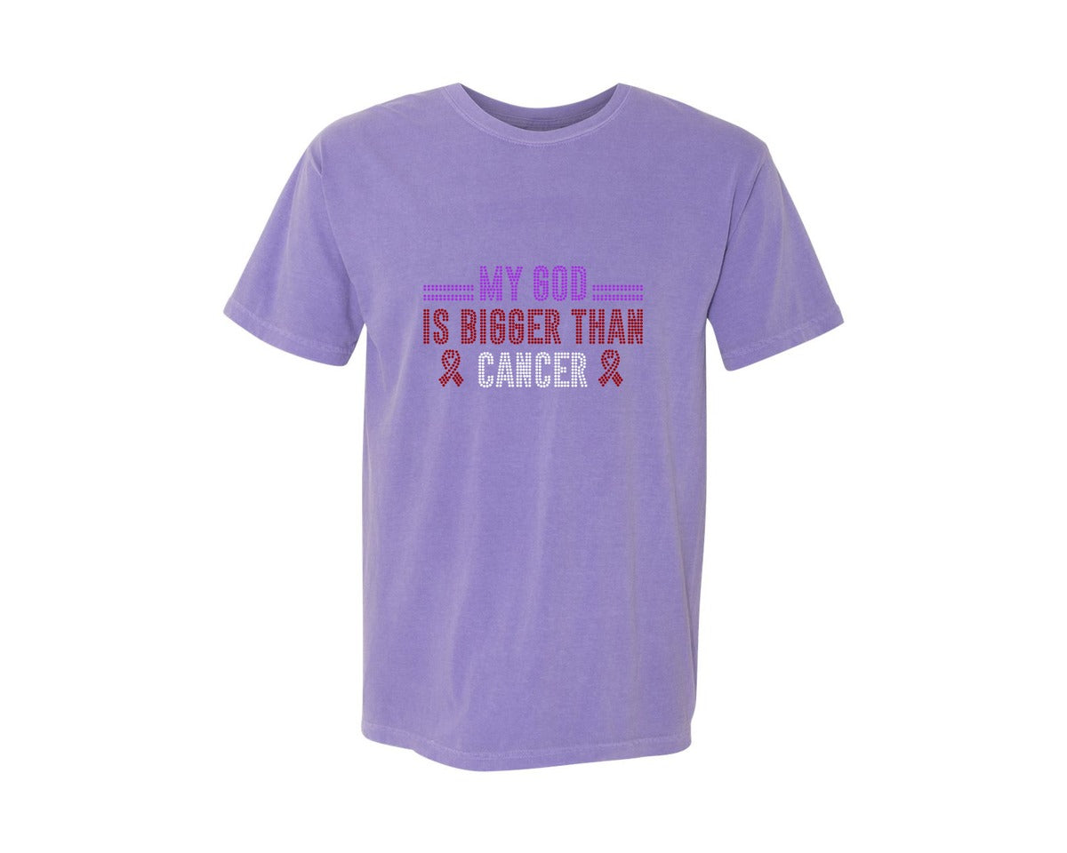 brand:Comfort Colors|color:Violet|My God Is Bigger Th Rhinestone Design Graphic T-Shirt