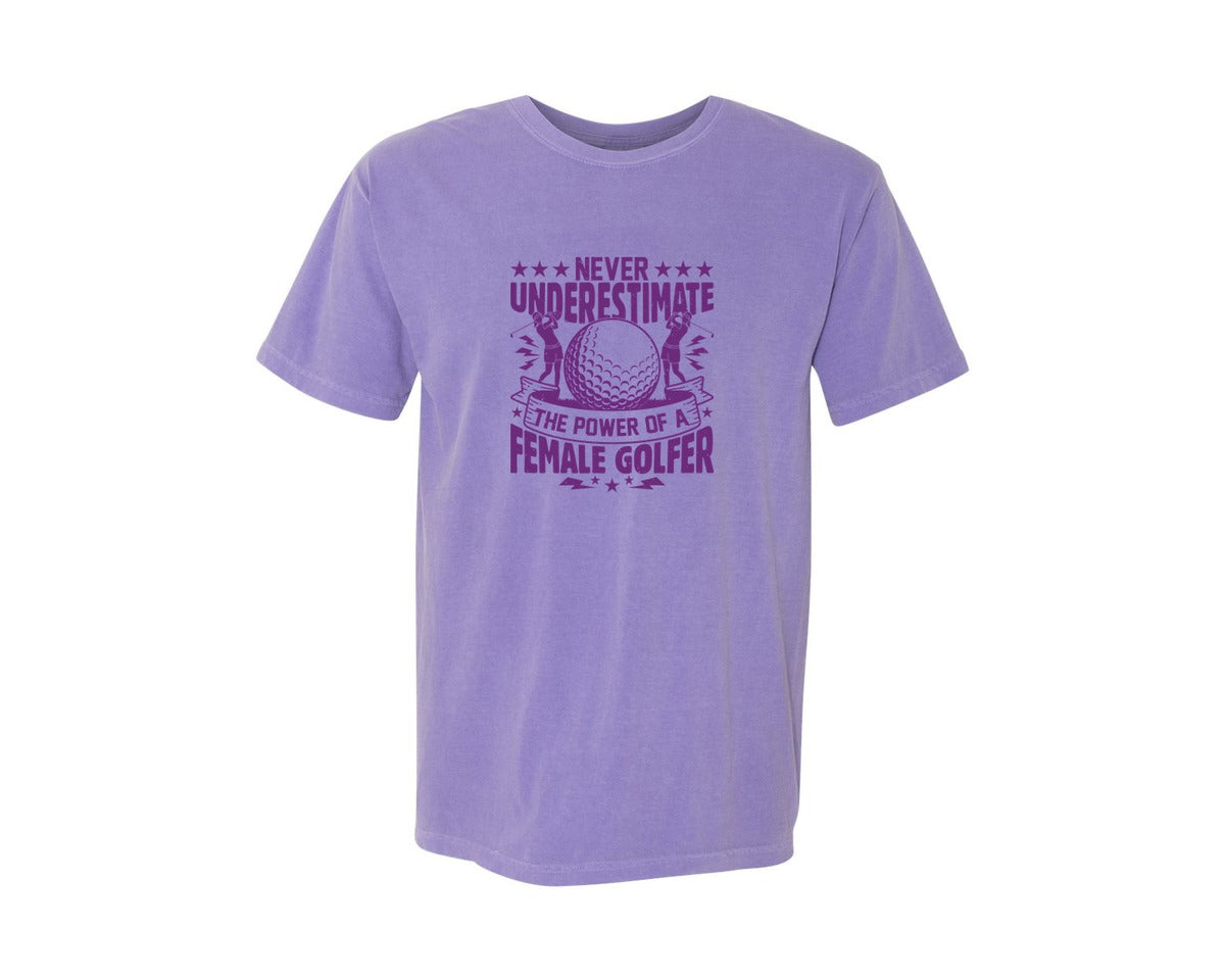 brand:Comfort Colors|color:Violet|Female Golfer Golf Club T Shirt Design Graphic T-Shirt