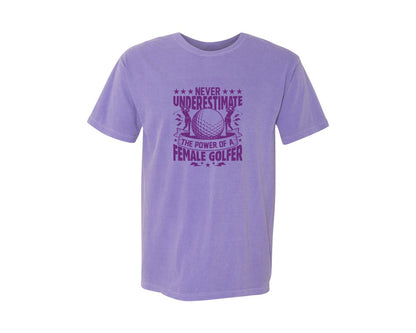 brand:Comfort Colors|color:Violet|Female Golfer Golf Club T Shirt Design Graphic T-Shirt