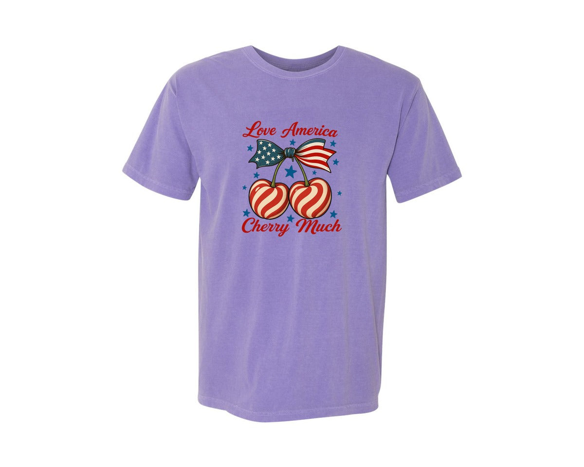 brand:Comfort Colors|color:Violet|Retro America Coquette Cherry Bow Graphic T-Shirt