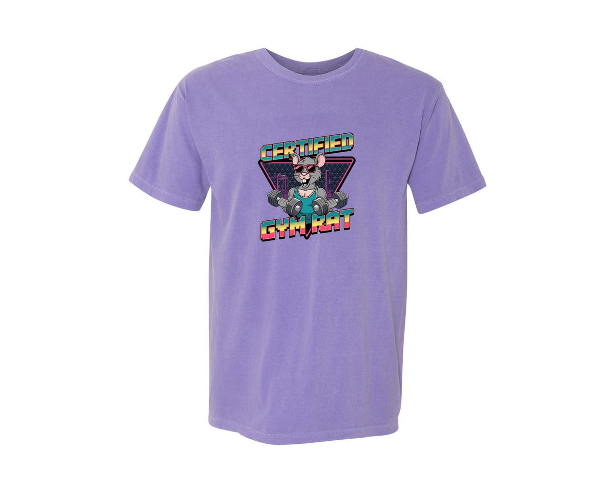 brand:Comfort Colors|color:Violet|Certified Gym Rat Funny Vintage 90S Graphic T-Shirt