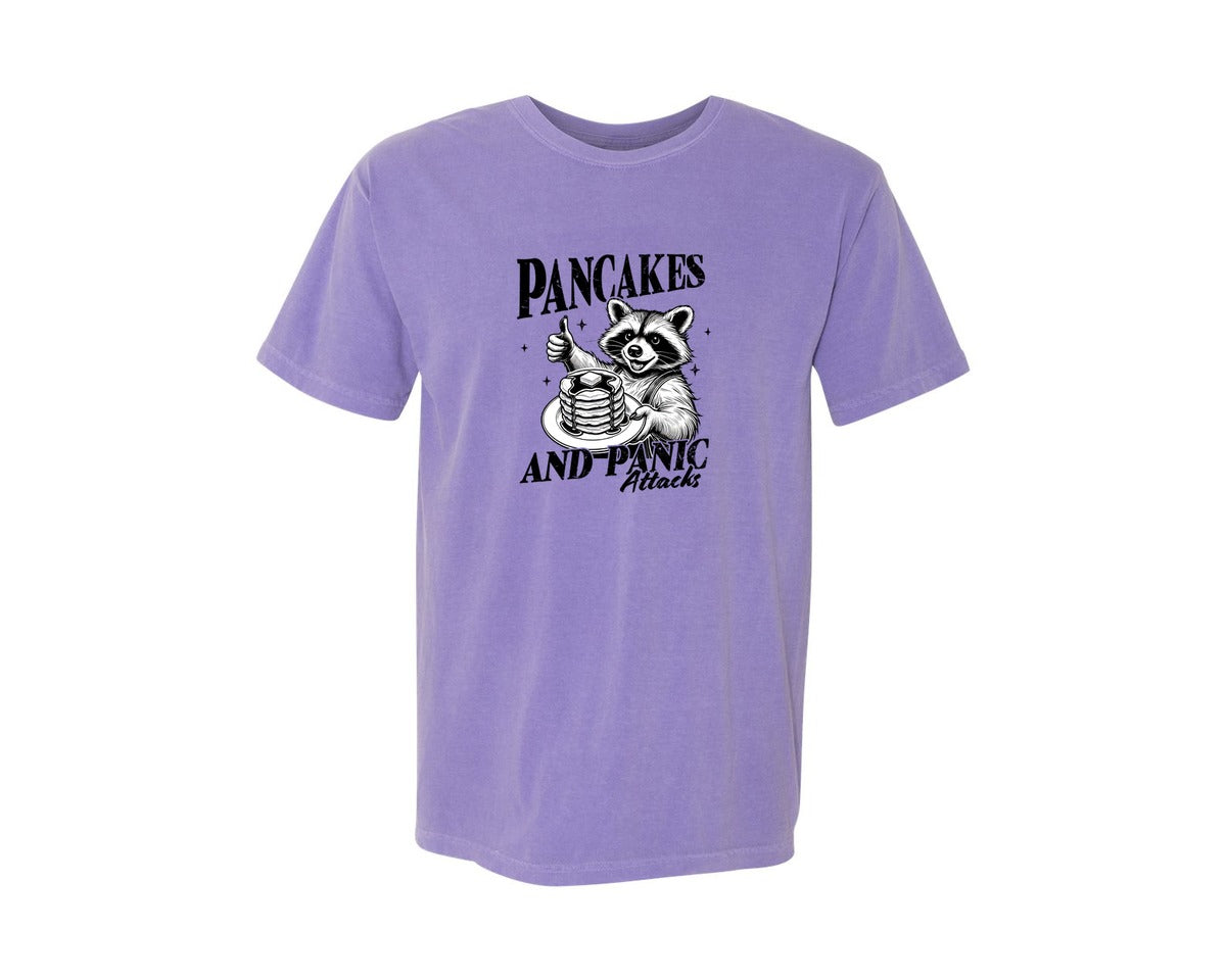 brand:Comfort Colors|color:Violet|Mental Health Raccoon Pancakes And Panic Graphic T-Shirt
