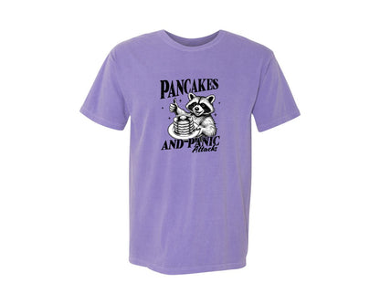 brand:Comfort Colors|color:Violet|Mental Health Raccoon Pancakes And Panic Graphic T-Shirt