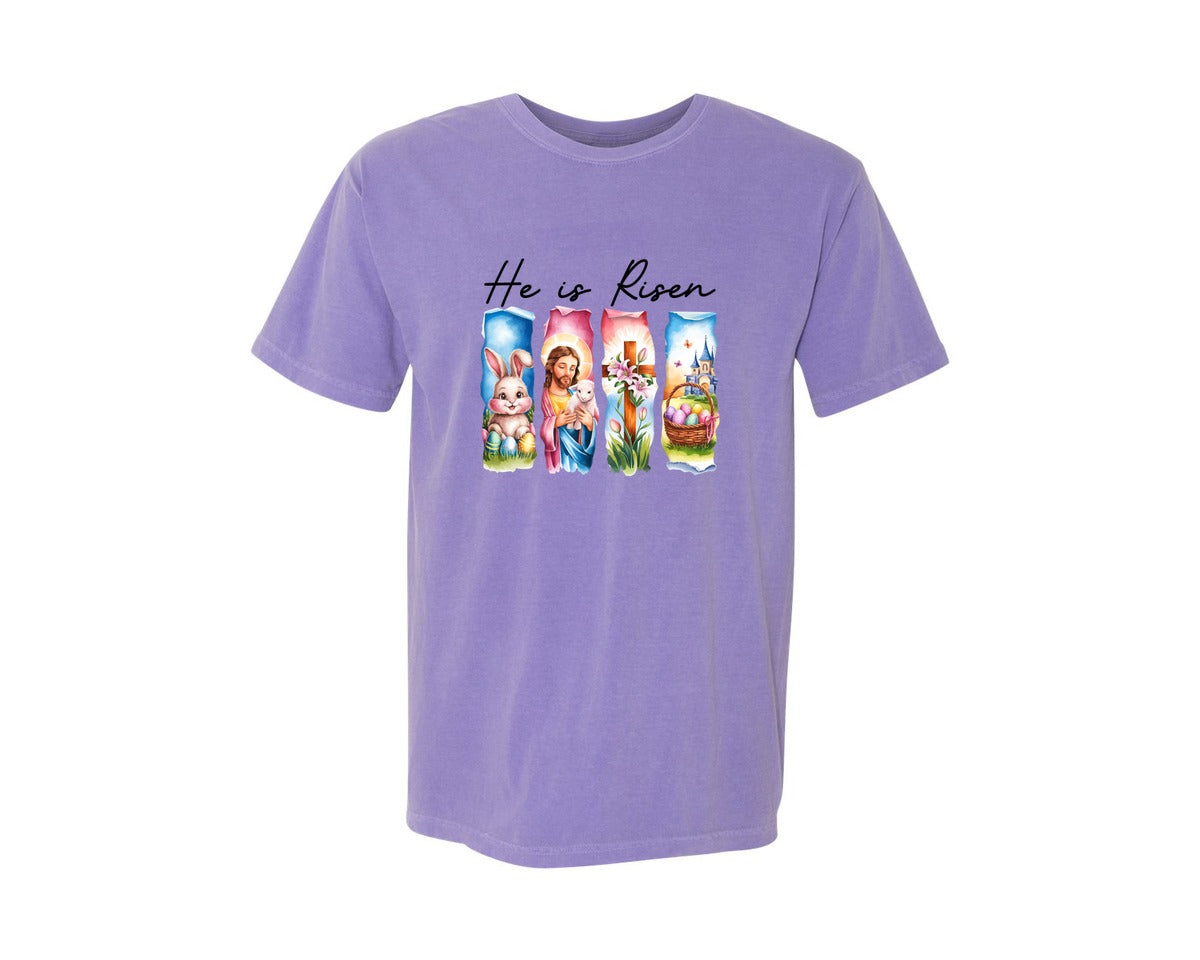 brand:Comfort Colors|color:Violet|He Is Risen Easter Jesus Christian Graphic T-Shirt