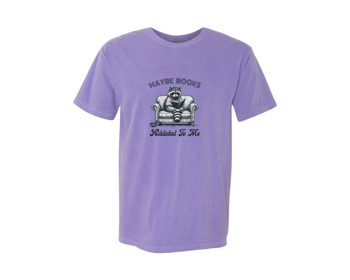 brand:Comfort Colors|color:Violet|Maybe Books Are Addicted To Me Raccoon Graphic T-Shirt