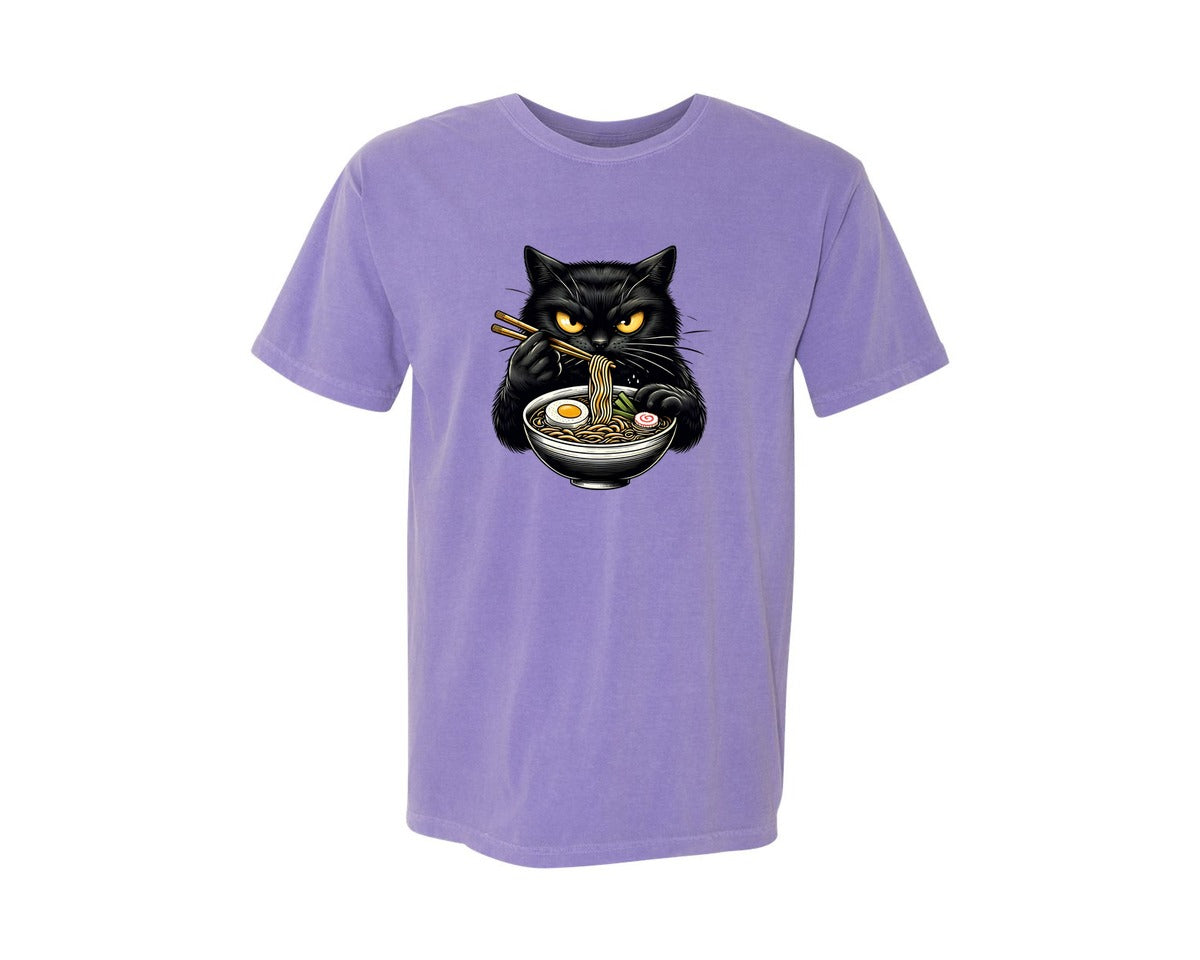 brand:Comfort Colors|color:Violet|Cute Black Cat Eating Ramen Noodle 3 Graphic T-Shirt