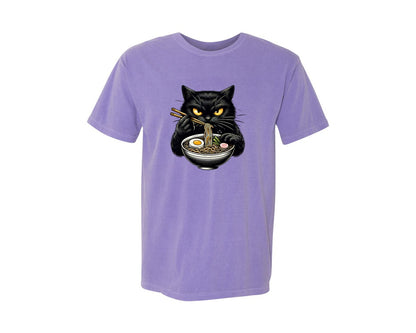 brand:Comfort Colors|color:Violet|Cute Black Cat Eating Ramen Noodle 3 Graphic T-Shirt