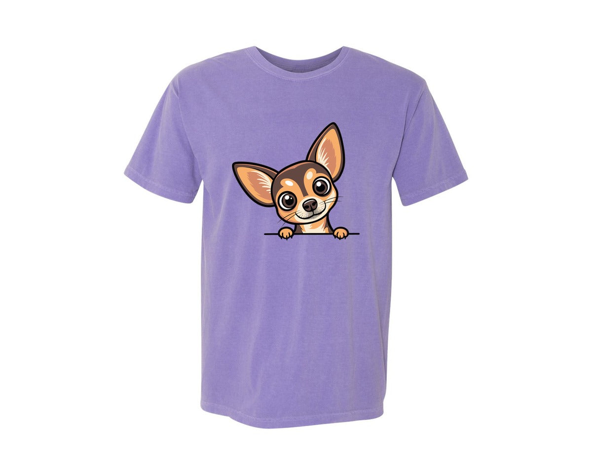 brand:Comfort Colors|color:Violet|Peeking Chihuahua Dog Vector Graphic T-Shirt