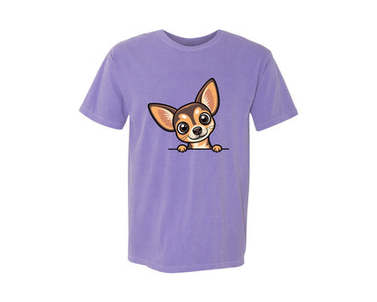 brand:Comfort Colors|color:Violet|Peeking Chihuahua Dog Vector Graphic T-Shirt