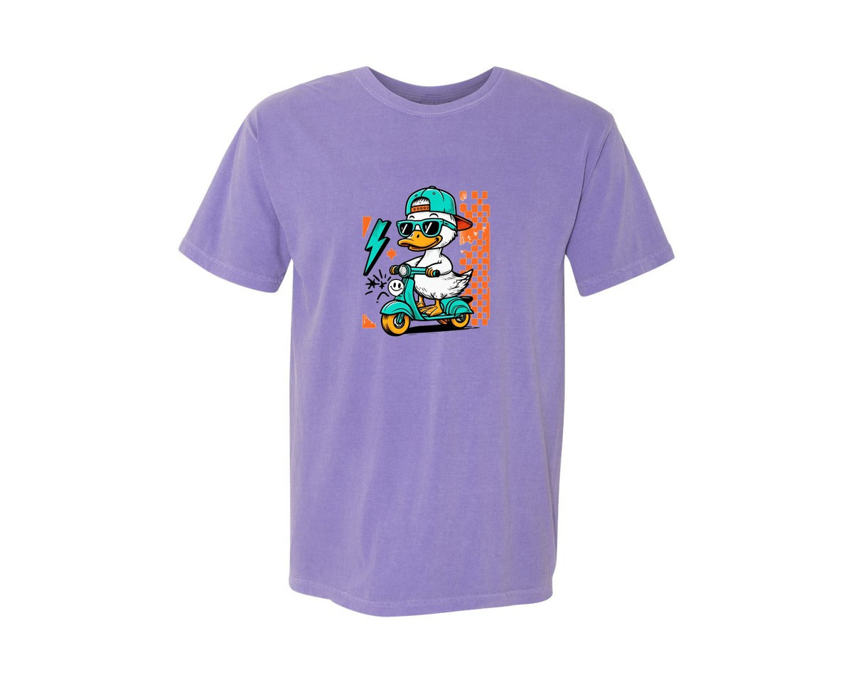 brand:Comfort Colors|color:Violet|Cool Duck On Scooter T Shirt Design Graphic T-Shirt