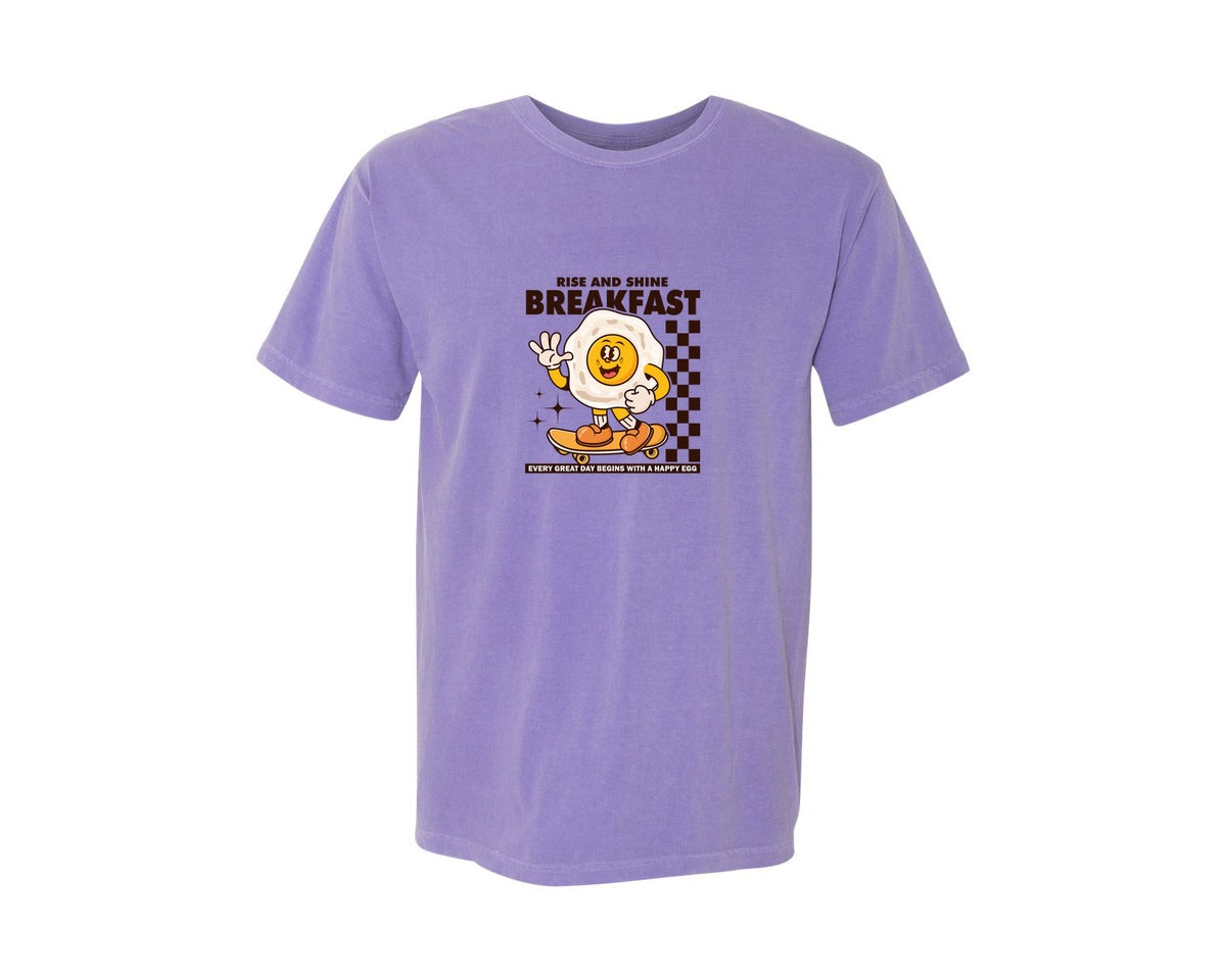 brand:Comfort Colors|color:Violet|Retro Fried Egg Cartoon Character Graphic T-Shirt