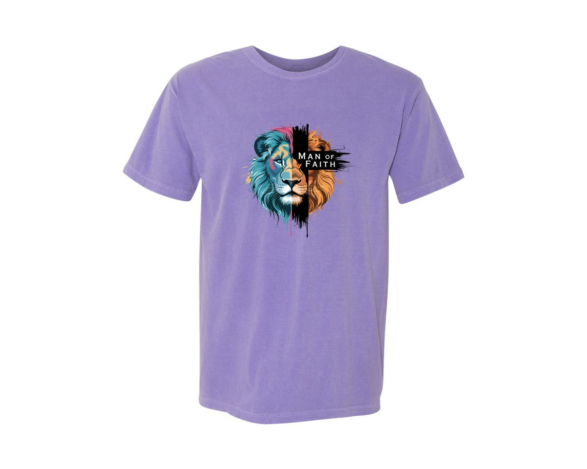 brand:Comfort Colors|color:Violet|Man Of Faith Lion Cross Graphic T-Shirt