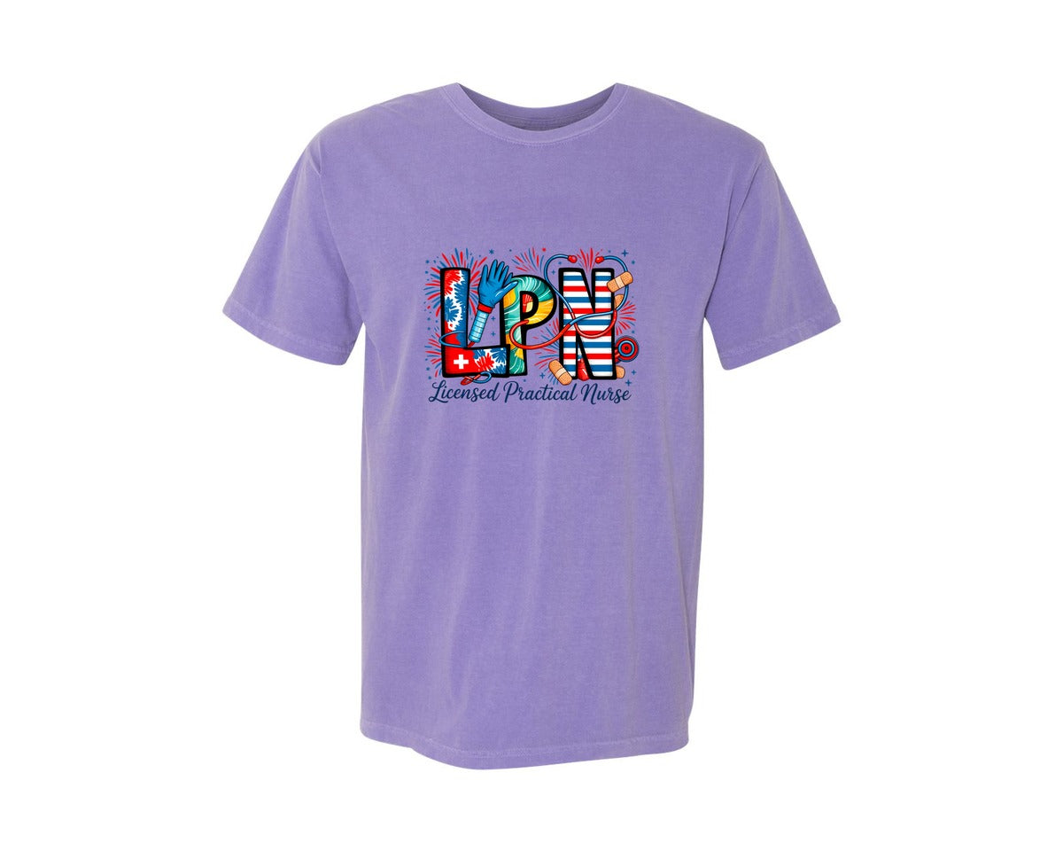 brand:Comfort Colors|color:Violet|4Th Of July Lpn American Nurse Graphic T-Shirt
