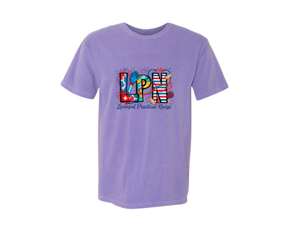 brand:Comfort Colors|color:Violet|4Th Of July Lpn American Nurse Graphic T-Shirt