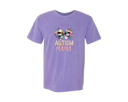 brand:Comfort Colors|color:Violet|Autism Mama Elegant Floral Puzzle Bow Graphic T-Shirt