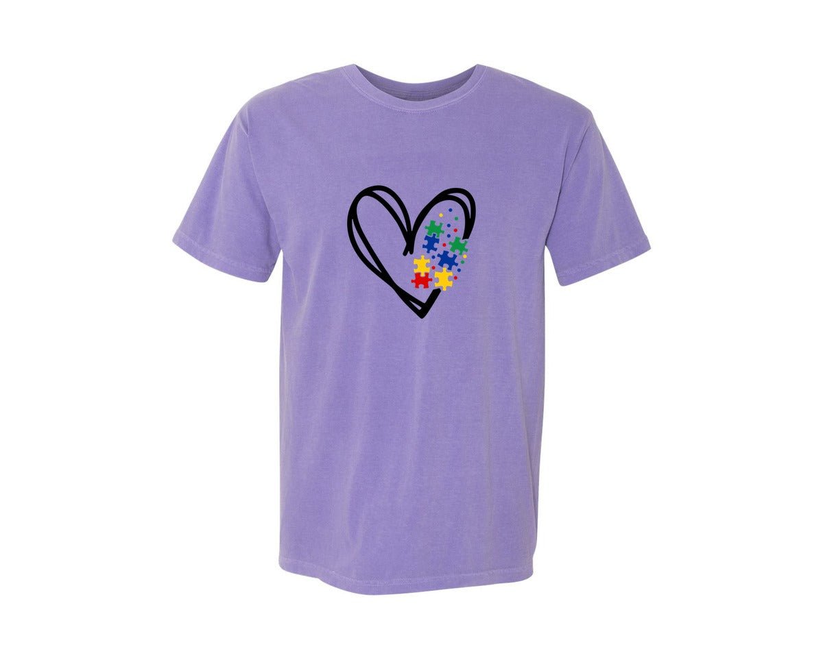 brand:Comfort Colors|color:Violet|Autism Heart Autism Puzzle Graphic T-Shirt