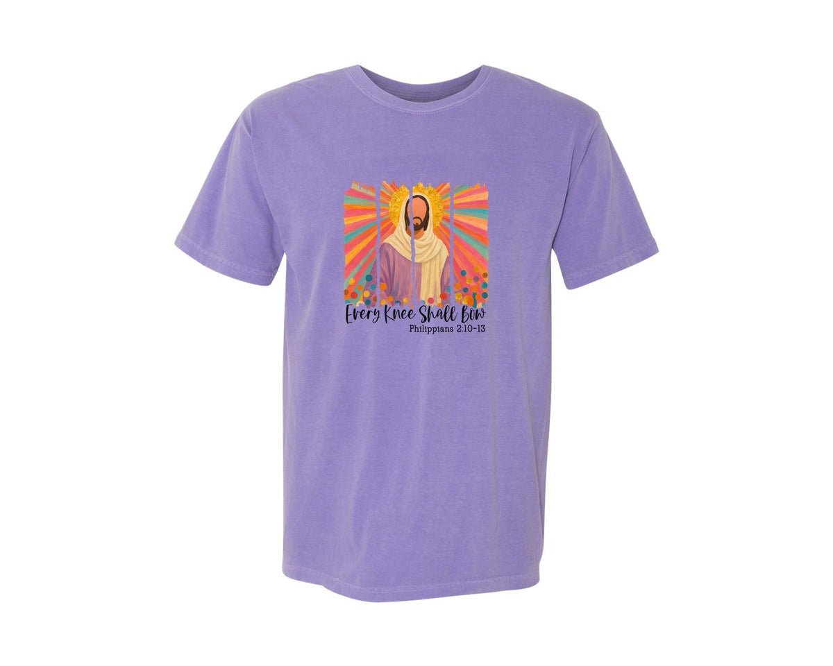 brand:Comfort Colors|color:Violet|Every Knee Shall Bow Christian Graphic T-Shirt
