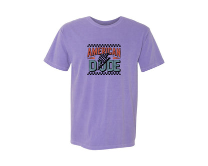 brand:Comfort Colors|color:Violet|American Dude Checker Lightning Bolt Graphic T-Shirt