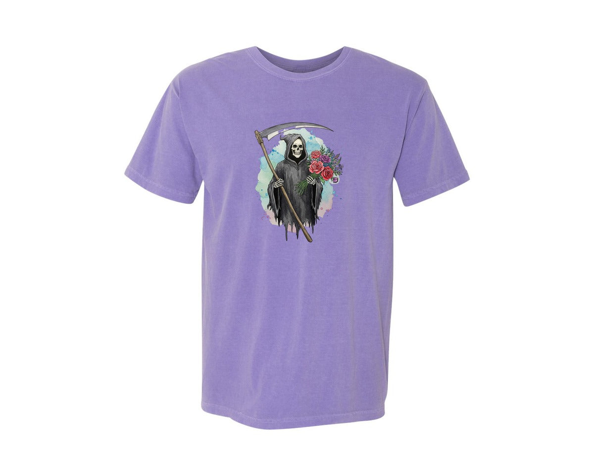brand:Comfort Colors|color:Violet|Grim Reaper With Flowers Gothic Graphic T-Shirt