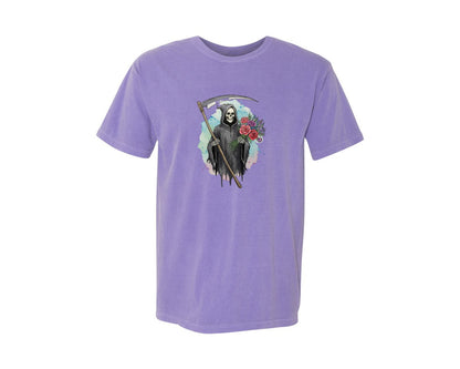 brand:Comfort Colors|color:Violet|Grim Reaper With Flowers Gothic Graphic T-Shirt