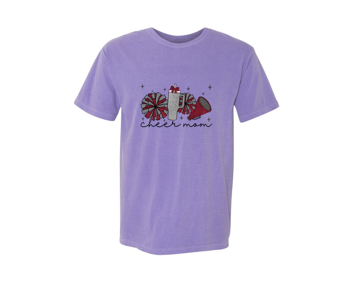brand:Comfort Colors|color:Violet|Cheer Mom Glitter Cheerleading Graphic T-Shirt