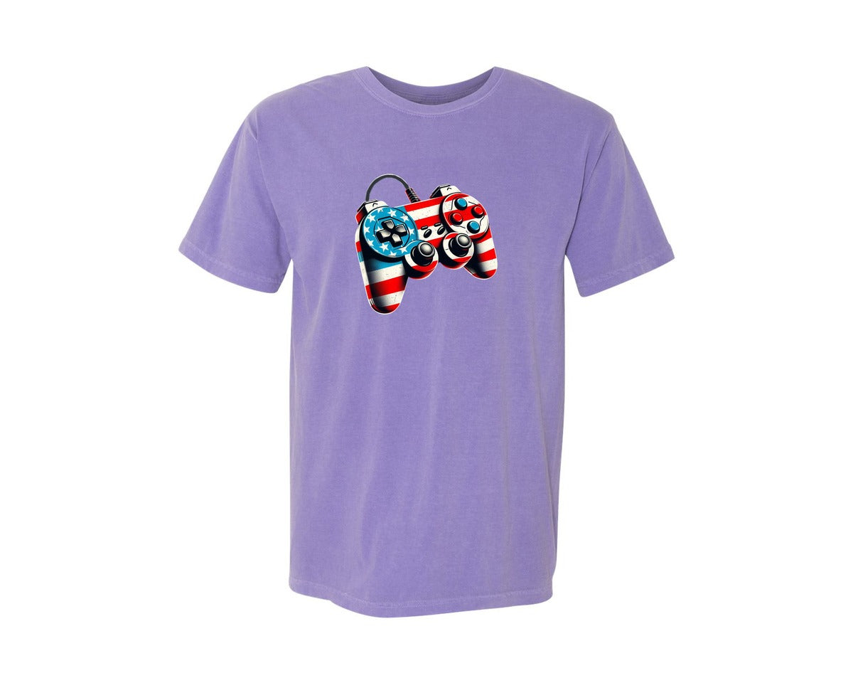 brand:Comfort Colors|color:Violet|Usa Flag Video Game Controller Graphic T-Shirt