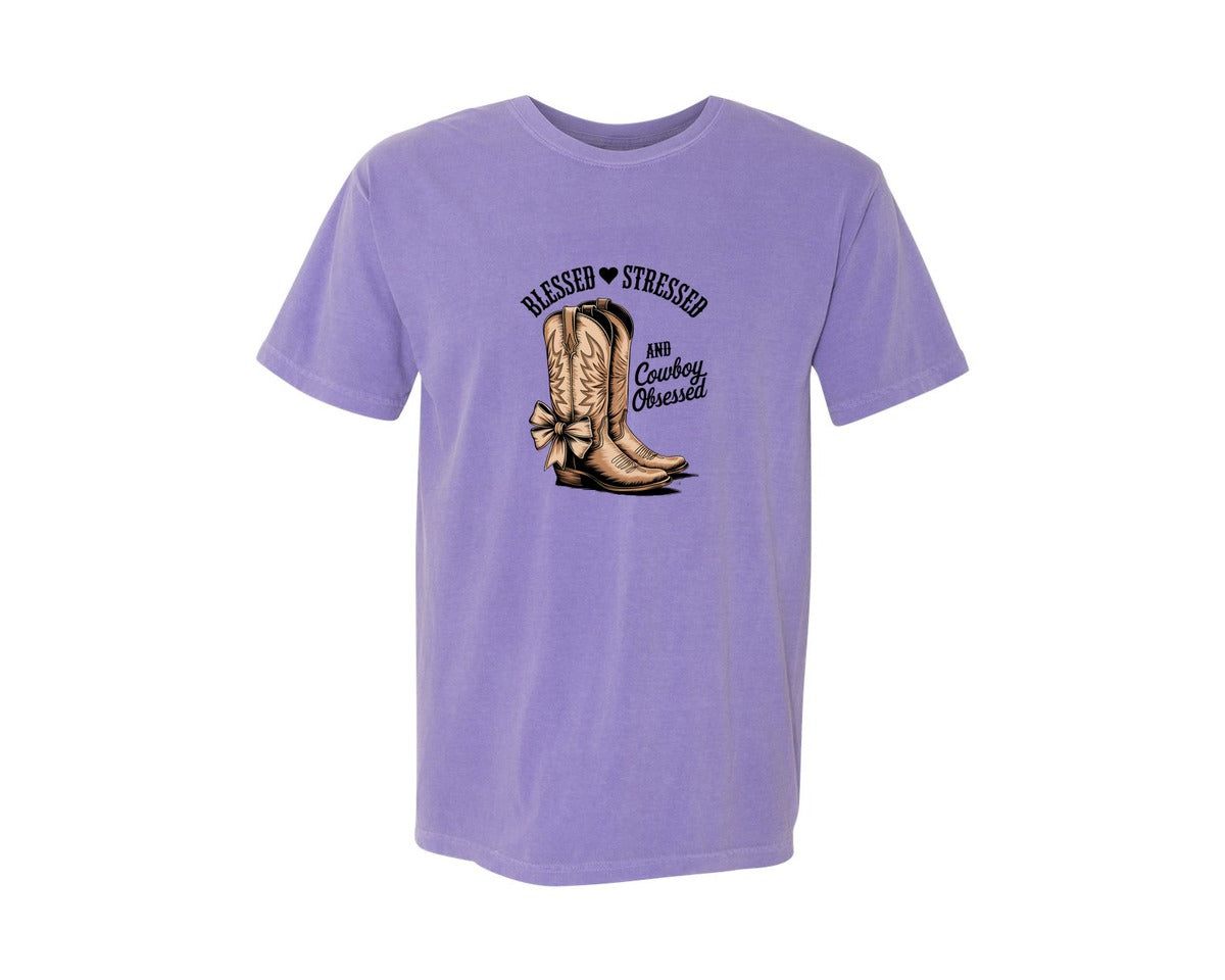 brand:Comfort Colors|color:Violet|Blessed Stressed Mom Western Mothers Day 2 Graphic T-Shirt